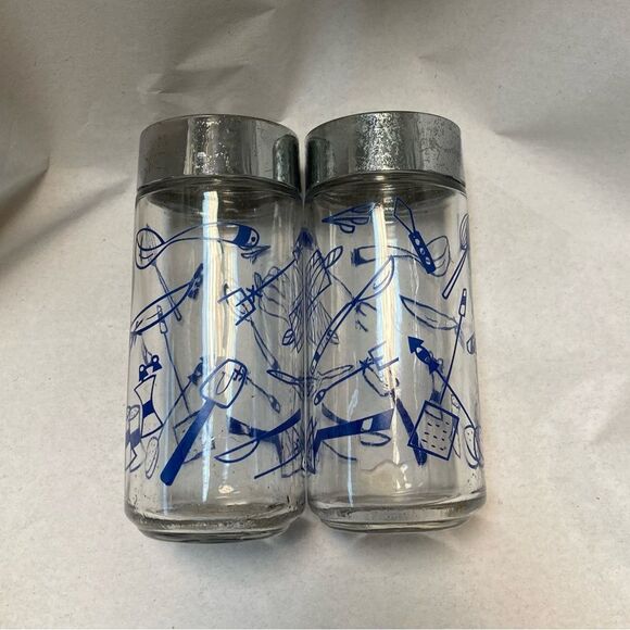 Vintage Kitchen Utensil Pattern Blue Lidded Glass Jars Shaker Spices - Picture 3 of 13